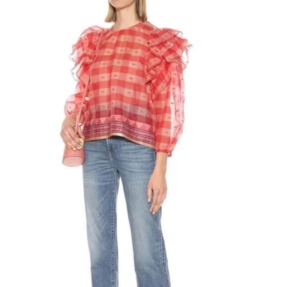 Ulla Johnson size 8 cassi hibiscus plaid check cotton blouse - EUC - Picture 1 of 12